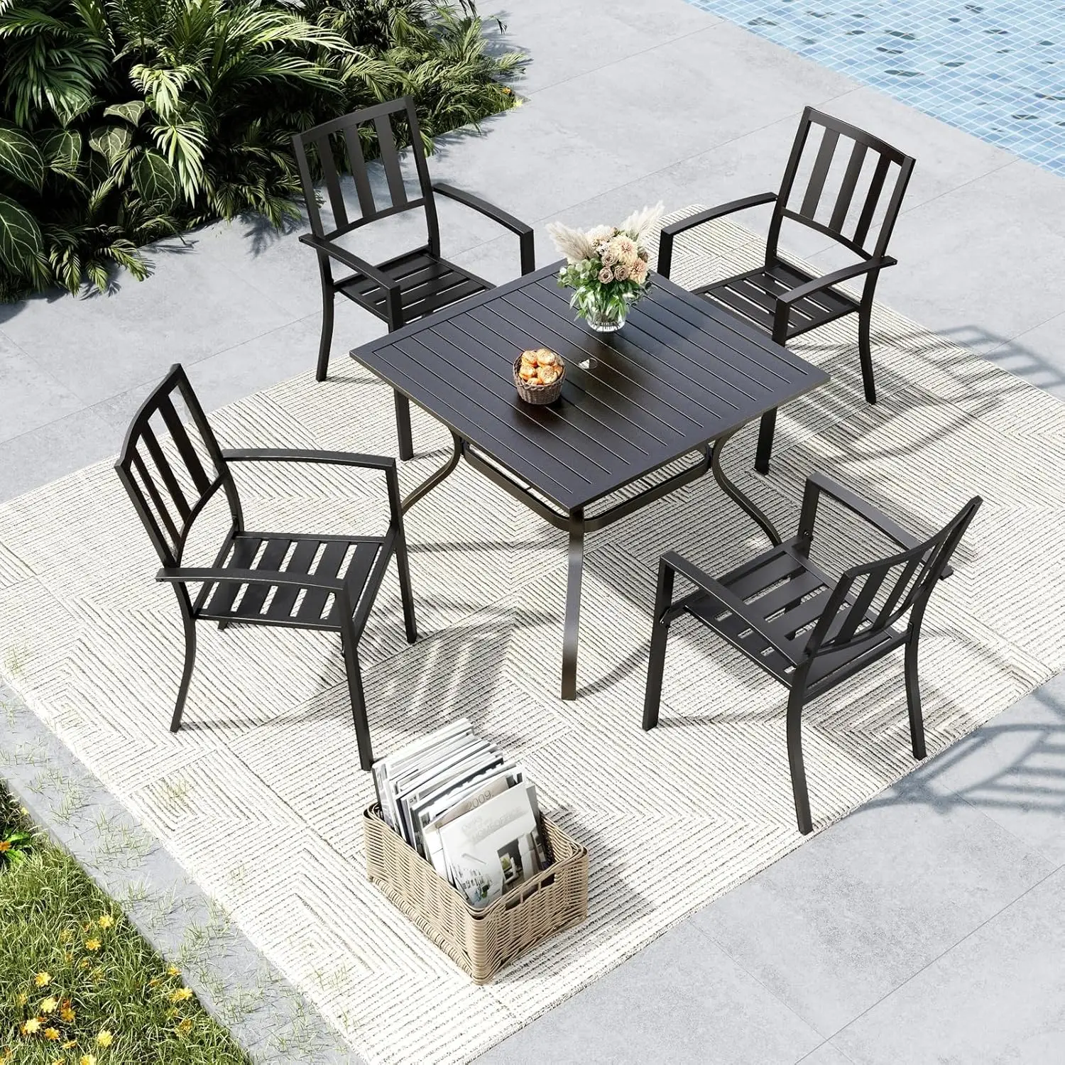 

Outdoor Dining Set for 4, Patio Table and Chairs Set with Umbrella Hole, Metal Patio Furniture Set for Deck/Backyard/Poolside/Ga