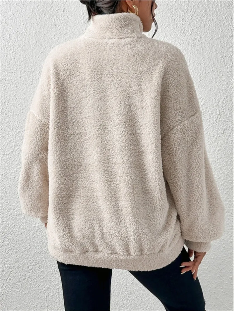 2026 Autumn Winter New Plush Thick Women's Stand Up Collar Half Zipper Pullover Fashion Casual Loose Large Pocket Sweatshirt