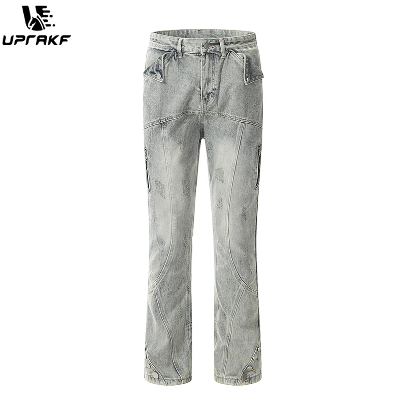 

UPRAKF Washed Retro Jeans Pocket Streetwear Denim Zipper Pants Casual Fashion Trousers Fit Summer Button