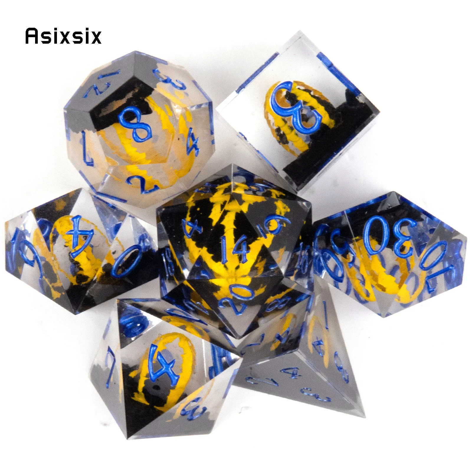 

7 Pcs Yellow Blue Dragon Egg Resin Golden Number Sharp Edge Dice Polyhedral Dice Suitable for Role-Playing RPG Board Game