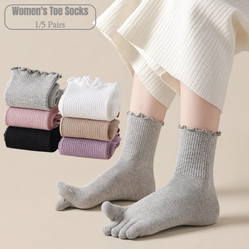 1/5 Paar Damen Fünf-Zehen-Socken mit Rüschenbündchen, weiche gerippte Baumwoll-Yoga-Socken mit geteilten Zehen, atmungsaktive Freizeit-Haussocken