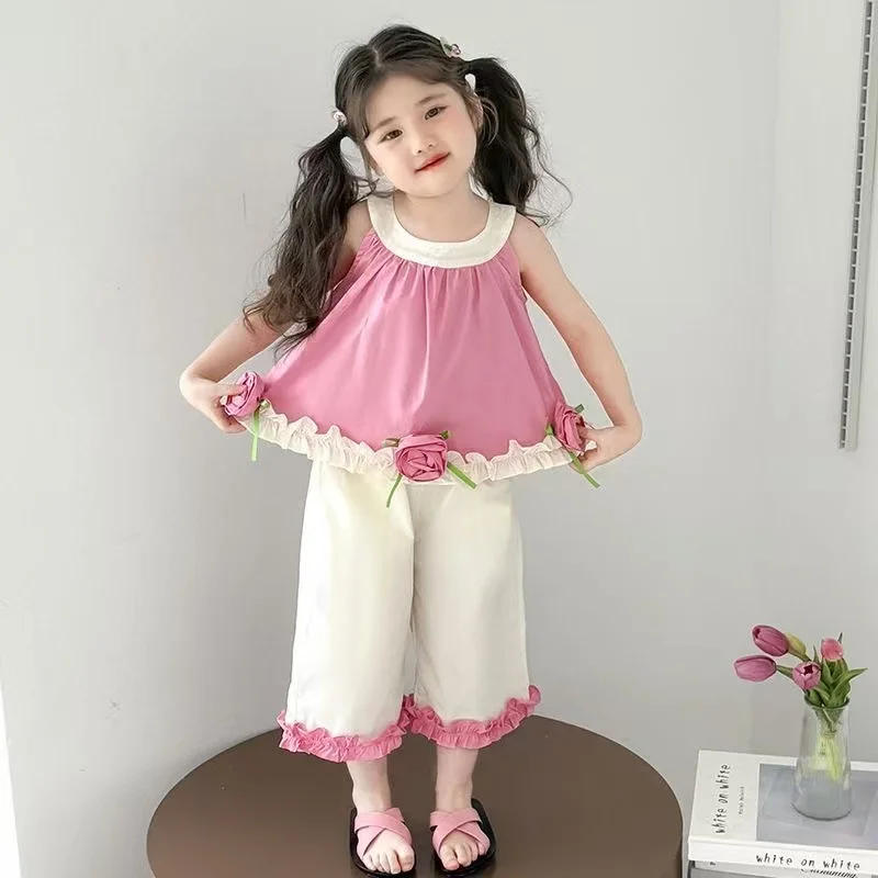 

Girls' Children's Clothing Children's Summer New Style stylish Baby Girl Flower Top sleeveless Vest+Wide Leg Pants Two-piece Set
