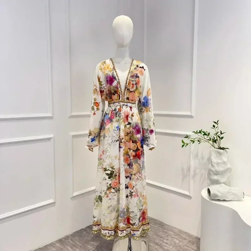 

Vintage 2024 Arrivals Diamonds Pressed Pure Silk Long Sleeve Flower Printing Casual High Quality Women Midi Dress Party dresses