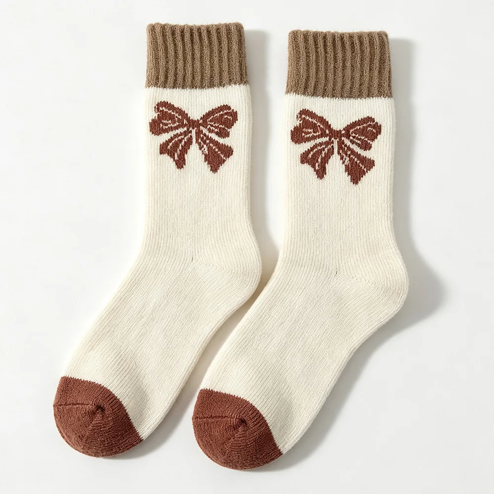 Women Winter Thermal  Socks 4 Pairs Vintage Bow knot Striped Color Block Jacquard Thick Warm Soft Knit Casual Daily Socks