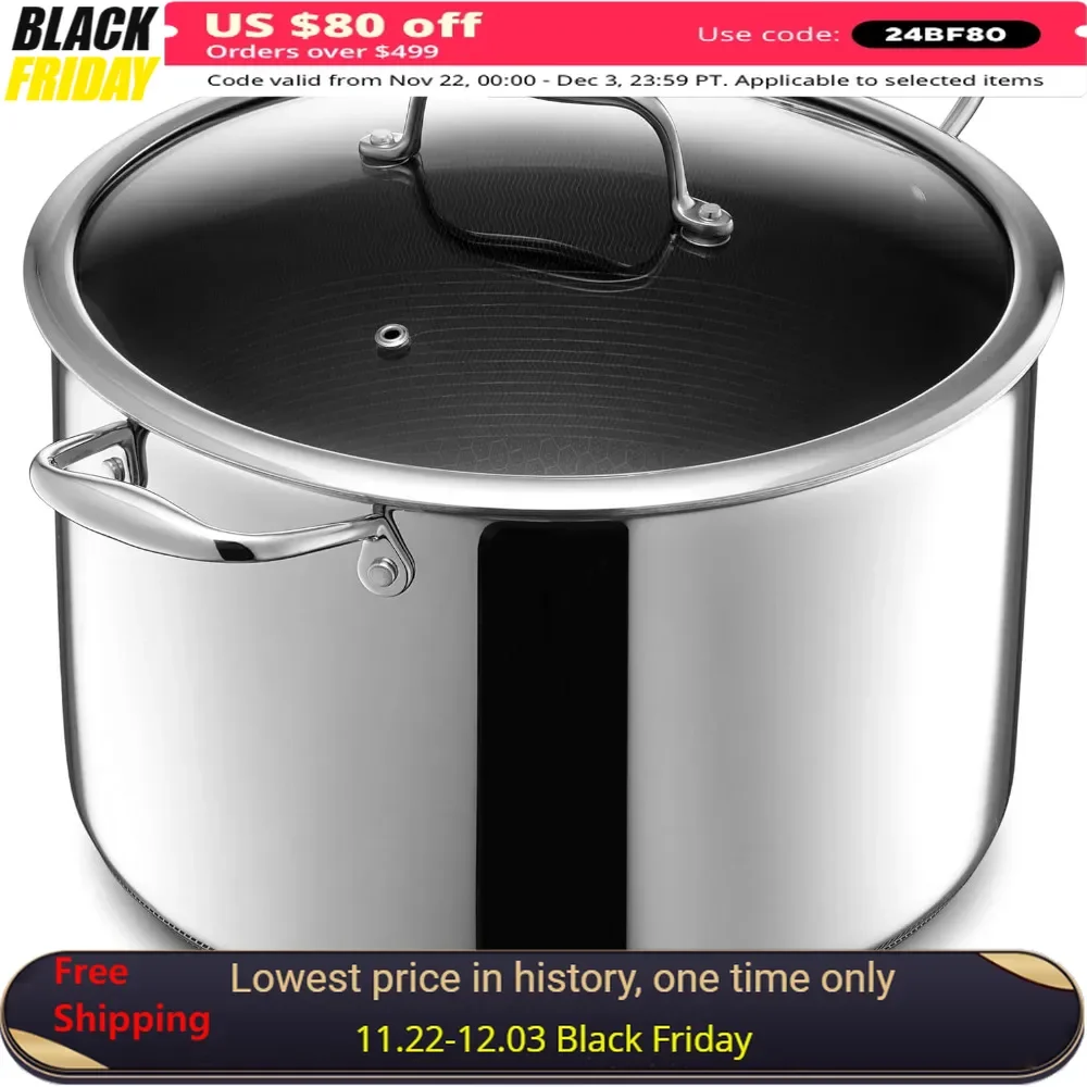 Hybrid Nonstick 10-Quart Stockpot with Tempered Glass Lid, Dishwasher Safe, Induction Ready, Compatible with All Cooktops