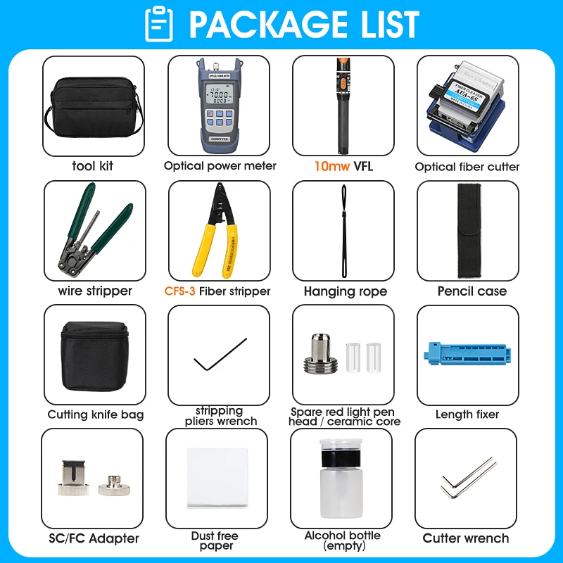 Imagem -03 - Ftth Fibra Óptica Tool Kit com Aua6s Fibra Cutelo Medidor de Energia Óptica Visual Fault Locator70+ 10dbm50 Mais 26dbm 10mw 19 Pcs