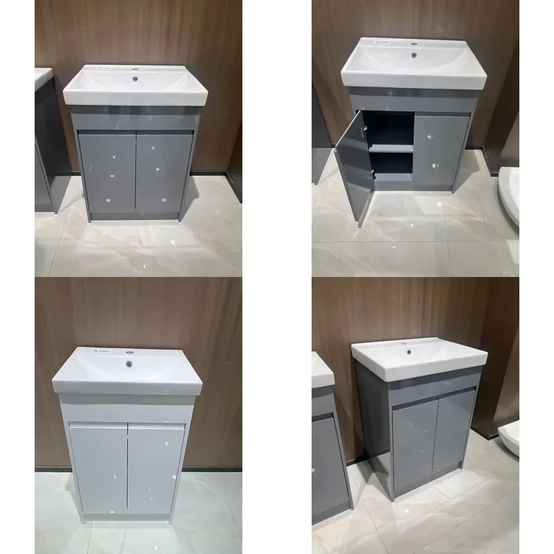Modern Lacquered Floor to Ceiling Bathroom Sink with Built in Ceramic Basin Waterproof Locker for Hospital Apartments