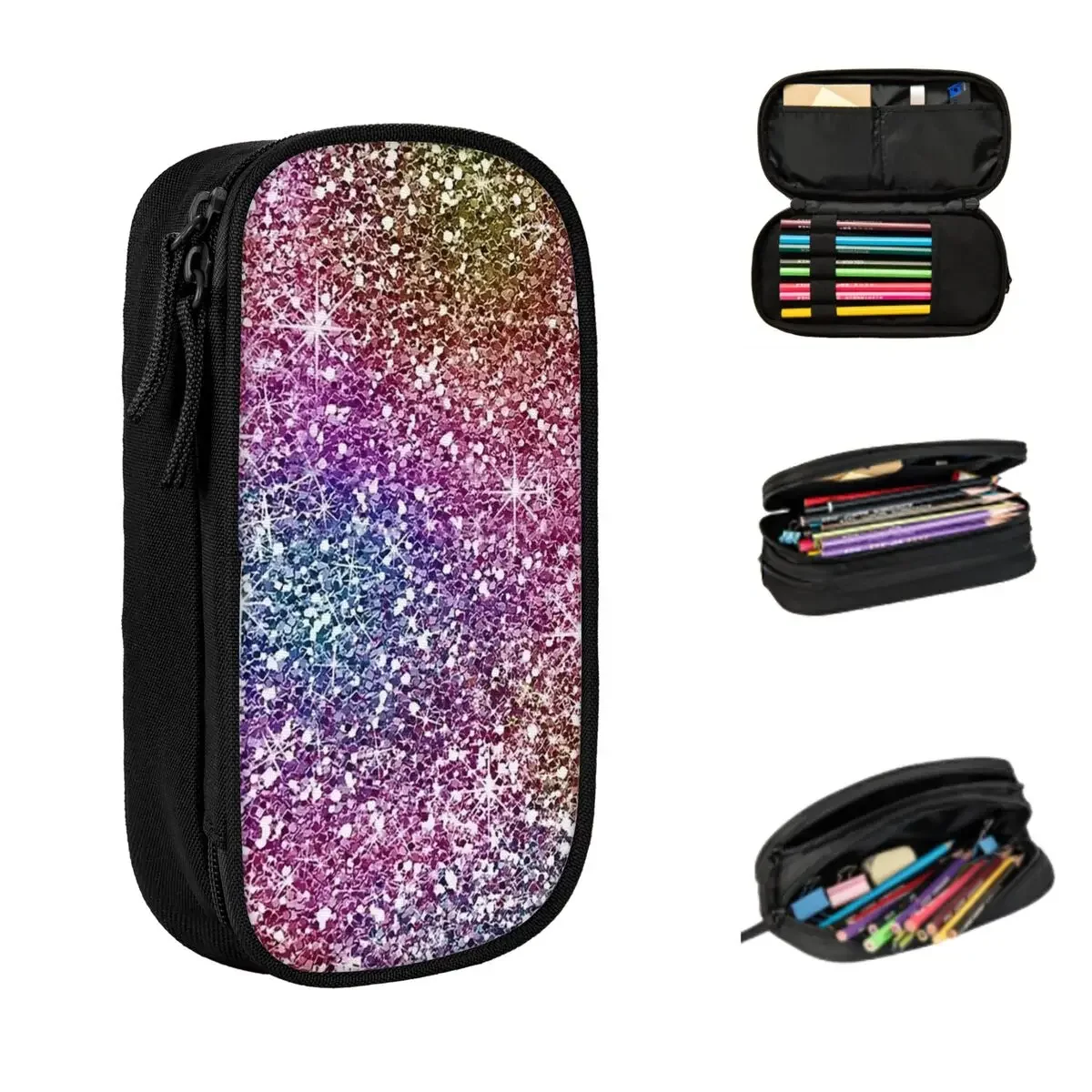 Rainbow Glitter Texture Pencil Cases Large Storage Pen Bags Pen Box Pencil Pouch For Boys Girls Students Stationery School