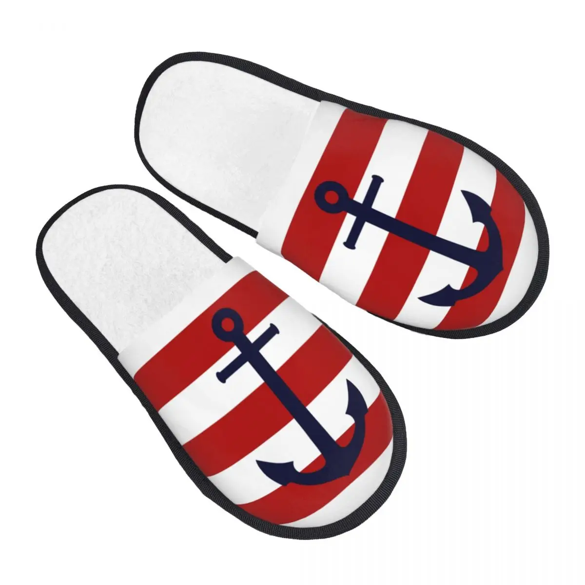 Custom Print Women Nautical Navy Anchor Red Stripes House Slippers Cozy Warm Memory Foam Fluffy Slipper Indoor Outdoor Shoes