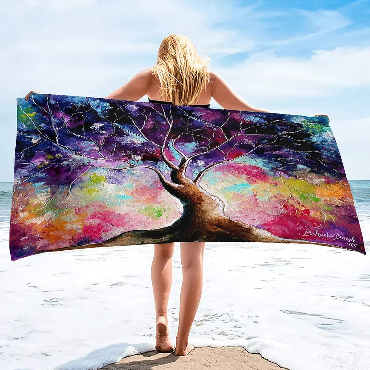Tree Oil Painting Beach Towel,Microfiber Quick-Drying Bath Towel Convenient Thin Blanket Lightweight Sandless Bath Towels
