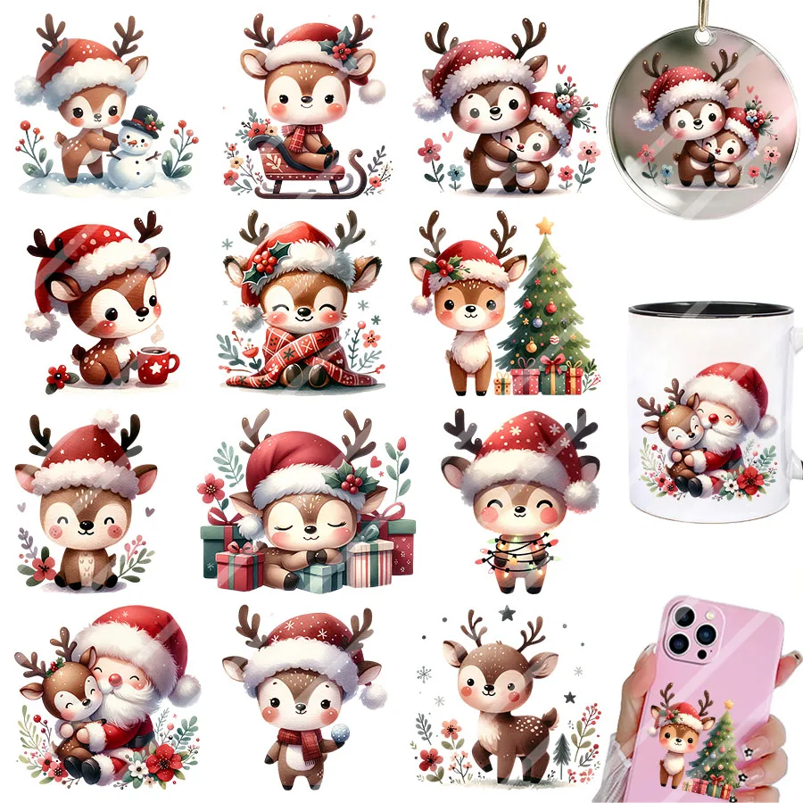 2pcs Cute Christmas Reindeer Elk DIY UV DTF Rub On Glass Cup Wrap Transfer Sticker Mug Greeting Cards Xmas Tree Ornament Decor