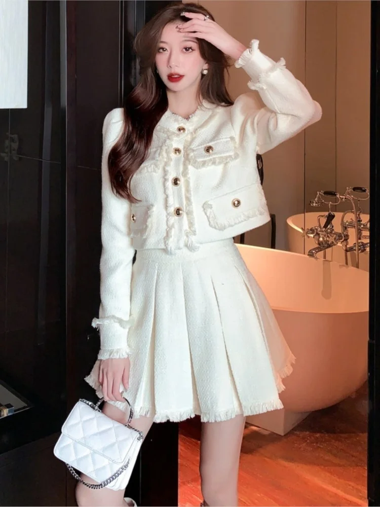 Korean Cropped Blazers Skirt 2 Piece Set Women Beige Black Vintage Casual Top Long Sleeve Outfits Jacket Mini Pleated Skirt Suit