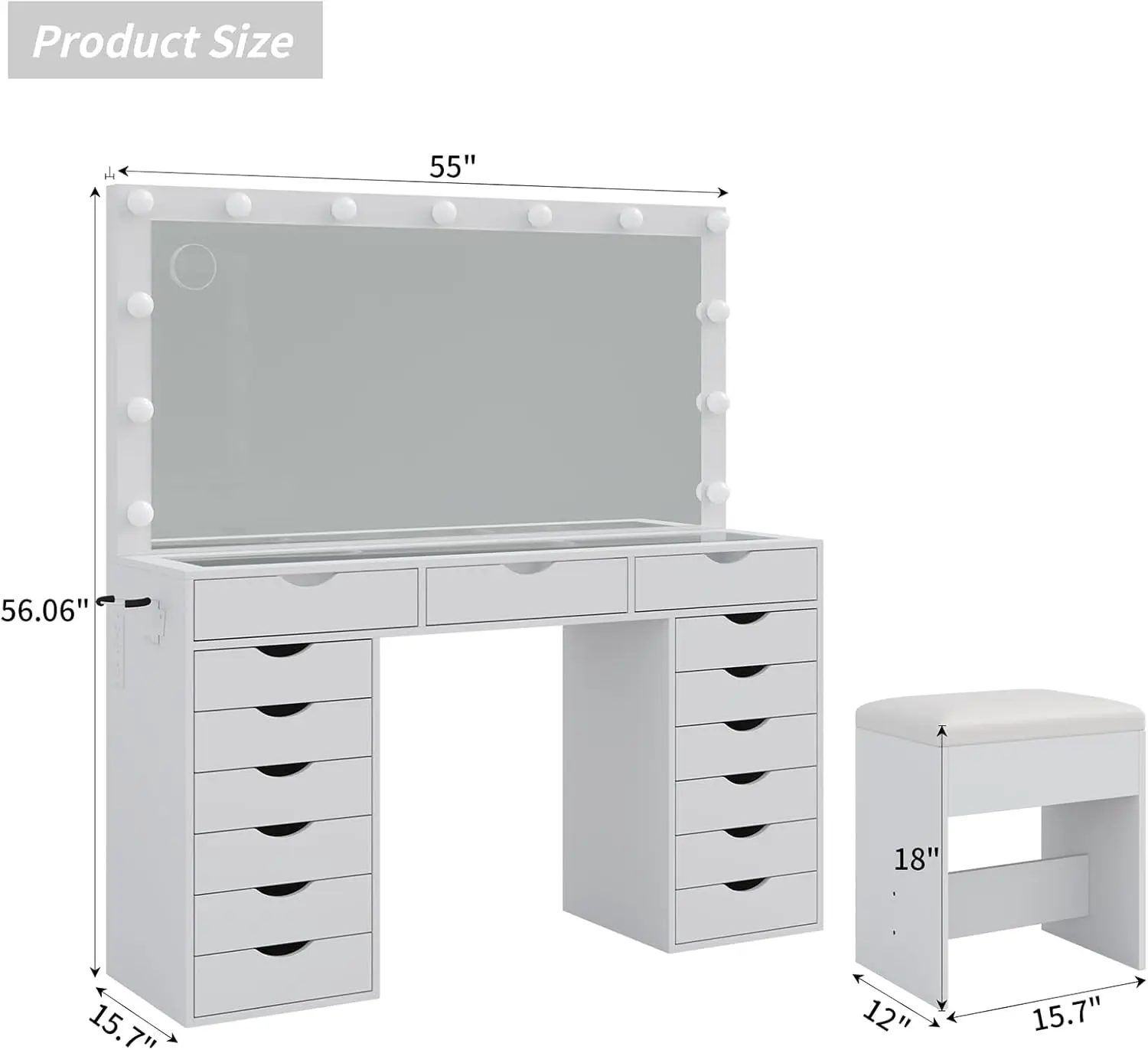 Vanity Desk with Mirror and Lights, Makeup Table with Charging Station, 3 Color Lighting Modes, 15 Drawers Dressing Table image 2