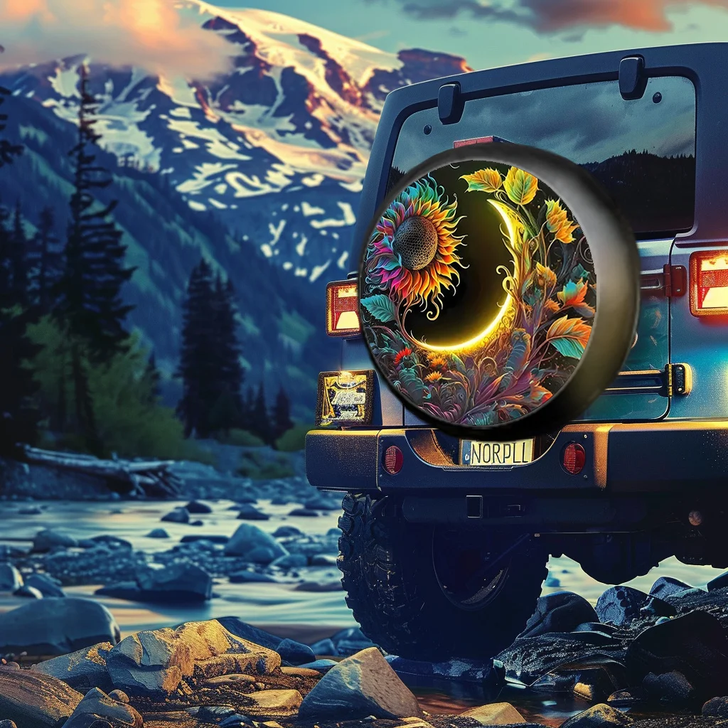 1pc, Bohemian Style Golden Moon And Sunflower Print Spare Tire Cover, Durable Polyester Material, Universal Wheel Protector, Sui