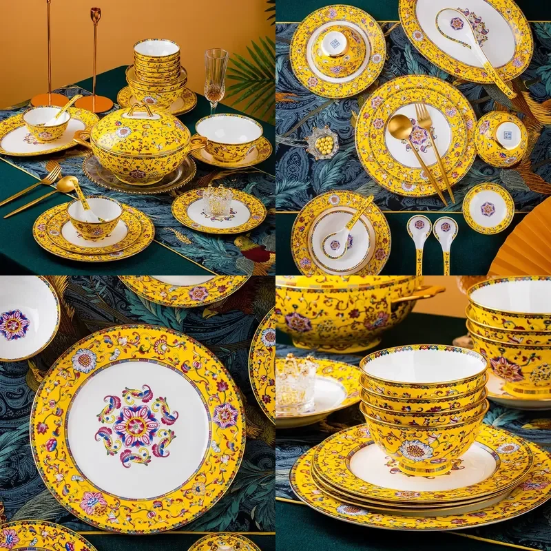 80 Pcs Gold Yellow Tableware Set Enamel Color Ceramic China Porcelain Dinnerware Sets for 12 People