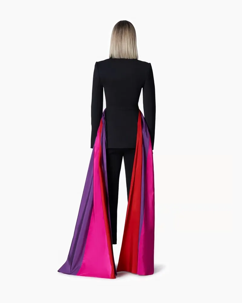 Unisex Black Gowns 2 Pieces Women Set To Formal Party Stretchy Fabric Long Pant And Mix Color Blazer Prom Dresses