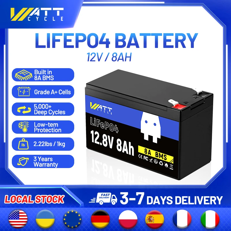 

12.8V 8Ah LiFePO4 Lithium Battery Up to 15000 Cycles Portable Lightweight Low Tem Protection Home Storage Backup Power