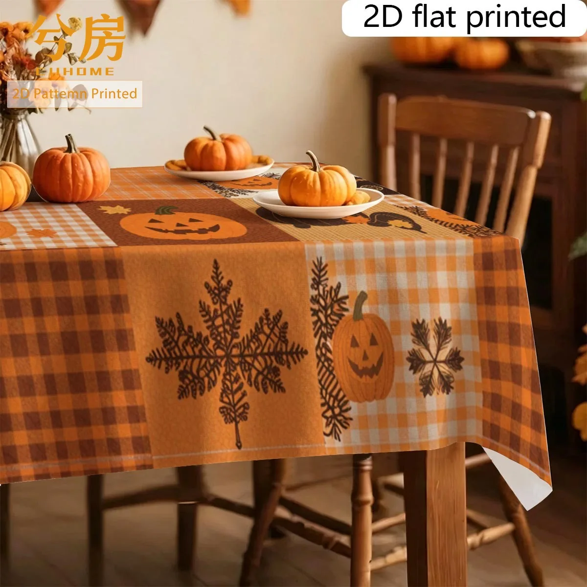 Tablecloth - Halloween Pumpkin Straw Man Maple Leaf Pattern Tablecloth - Polyester Fiber