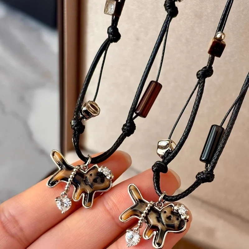 Fashion Cute Adjustable Black Leather Rope Tiger Eyes Stone Leopard Pattern Kitten Pendant Necklace for Women's Sweater Chain