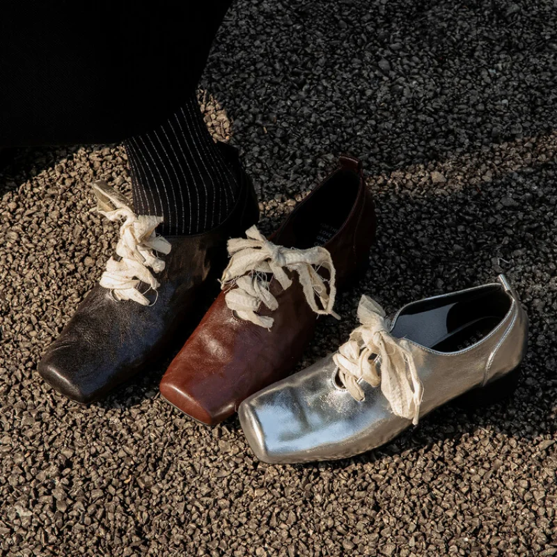 Ретро-туфли с квадратным носком и бантом на толстом каблуке, женские, весенние, новые, кожаные, элегантные, на шнуровке, балетки