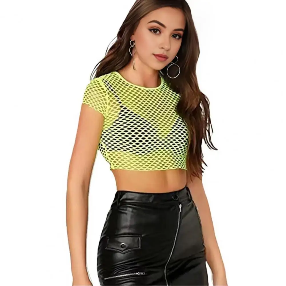 Sexy Women Blouse Sheer Mesh Crop Tops O-neck Short Sleeve Slim Solid Color Perspective Short Top Navel Exposed Tee Shirt