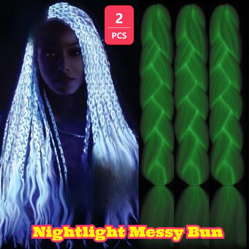 2PCS Luminous Dreadlock Hair Extension Thick Braid Wig Chemical Fiber Color Rope Braided Hairpiece Nightclub Fashion Decoration