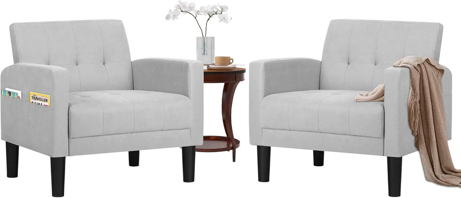 

Mid- Modern Fabric Accent Living Room Arm Chairs Set Of 2, Upholstered Tufted Bedroom Office Single Armchair, Reading Lounging