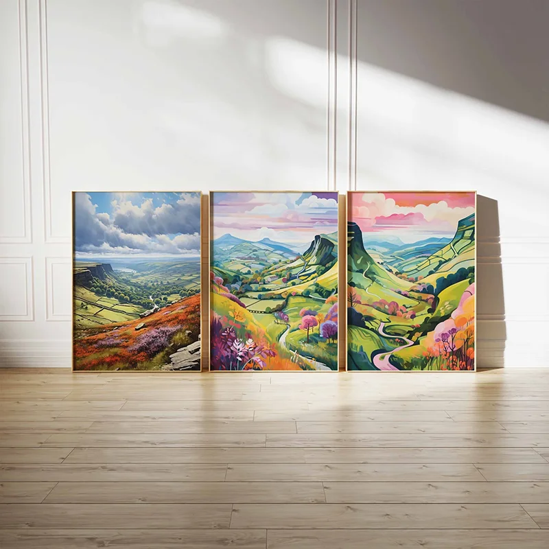 3PCS frameless decorative art print,3PCS National Park Posters  UK Travel landscape Wall Art  Floral Art   The Peak District