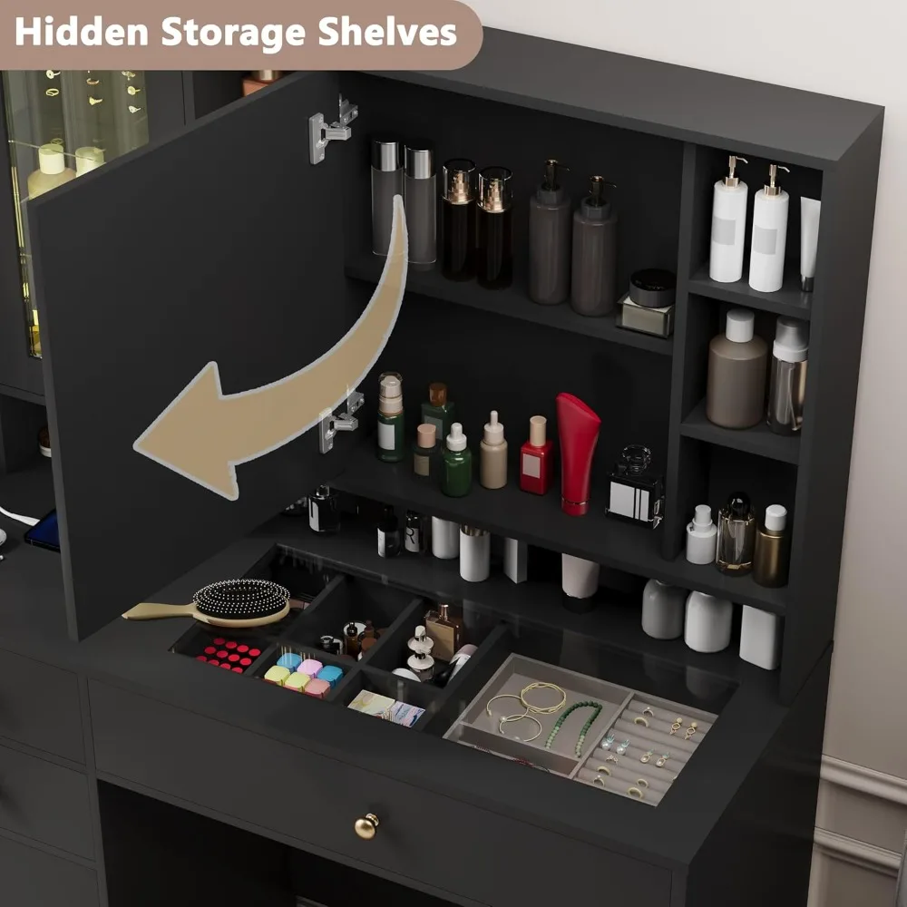 Роскошный черный туалетный столик для макияжа с зеркалом с подсветкой, стеклянной столешницей, хранилищем, розетками, ящиками и шкафами