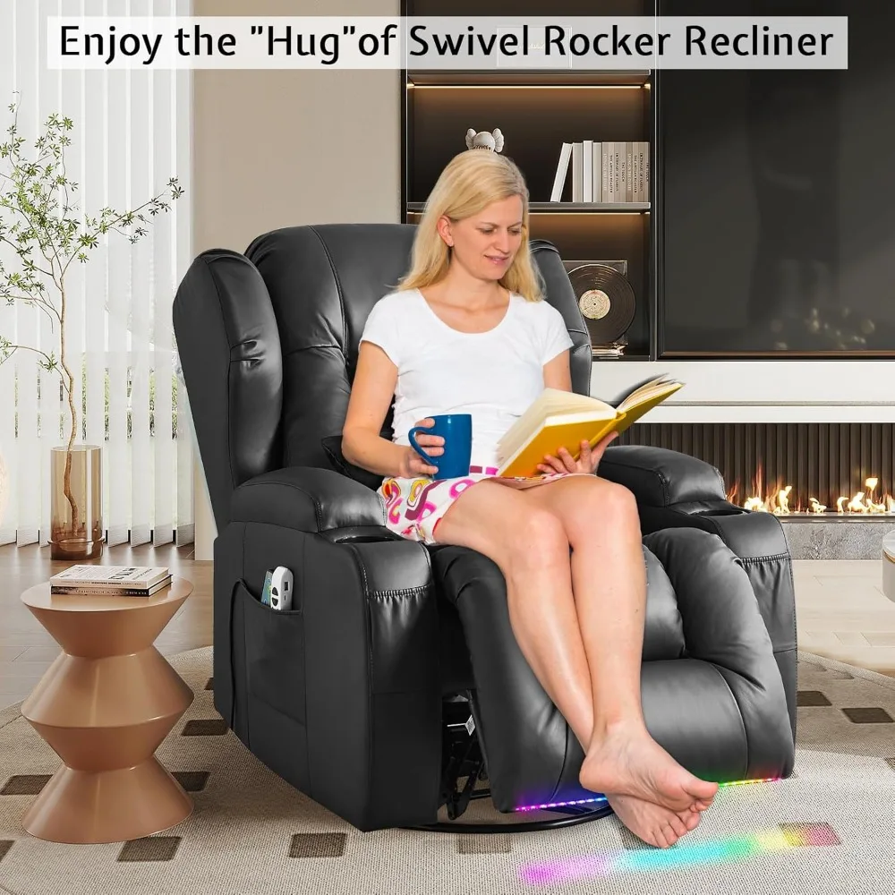 كرسي هزاز دوار كهربائي مع تدليك وحرارة، أريكة استلقاء على الحائط كهربائية للبالغين مع ضوء LED/حاملات أكواب #3