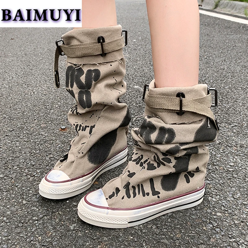 Canvas Flats Platform Women Ankle Boots Casual Shoes 2025 Trend Print Random Snow Chelsea Boots Sneakers Designer Mujer Botas