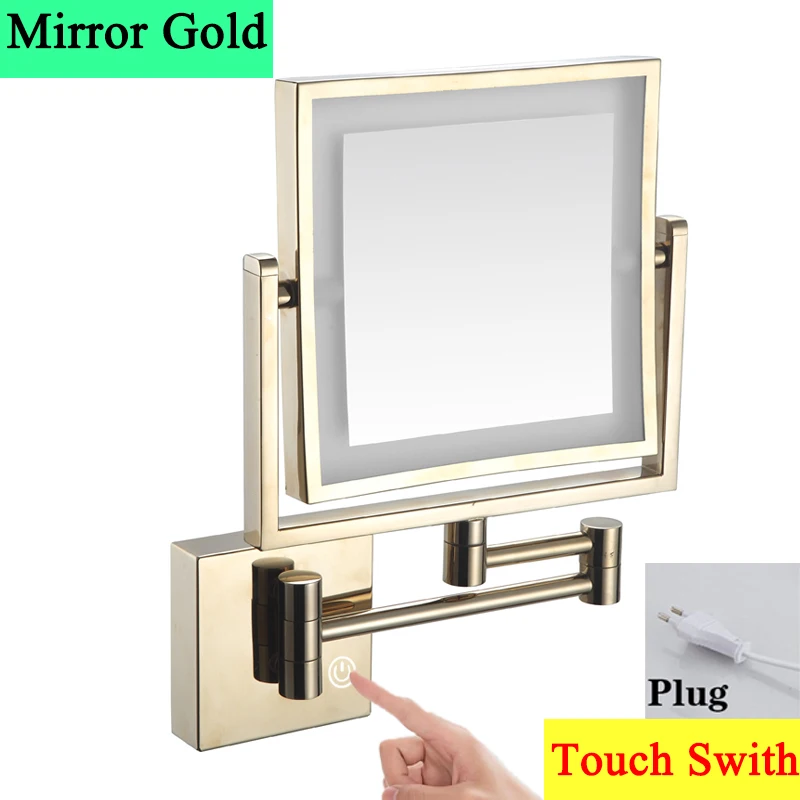 Square Touch Led opvouwbare badkamerspiegel 3x vergrotende badkamer make-upspiegels Accessoires Wandmontage Touch on badspiegels