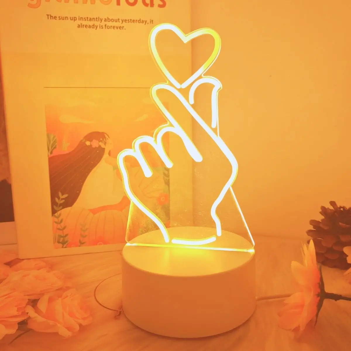 Dedo coração 3d luz noturna interruptor monocromático estéreo visual luz led quarto decoração luz