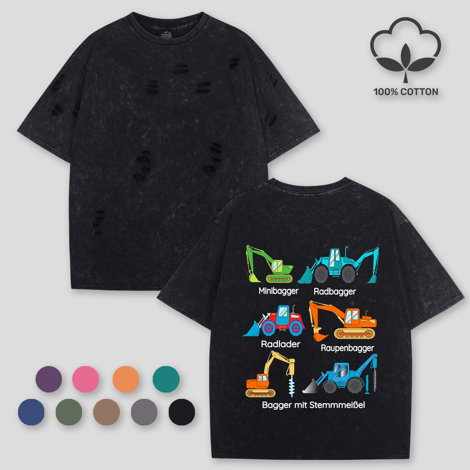 

Minibagger Radbagger Print Snow Wash Holes T Shirt Woman Summer Comfortable Washed Tee Casual Soft Top Cotton Unisex Clothes