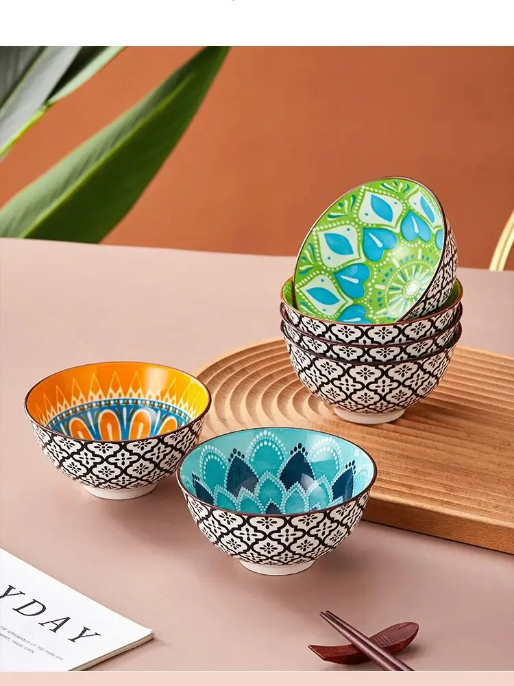 6pcs - Ceramic Bohemian Bowls, Pasta Bowls, Salad Bowls, Soup Bowls, Fruit Bowls, Appetizer Bowls, Safe for Microwave