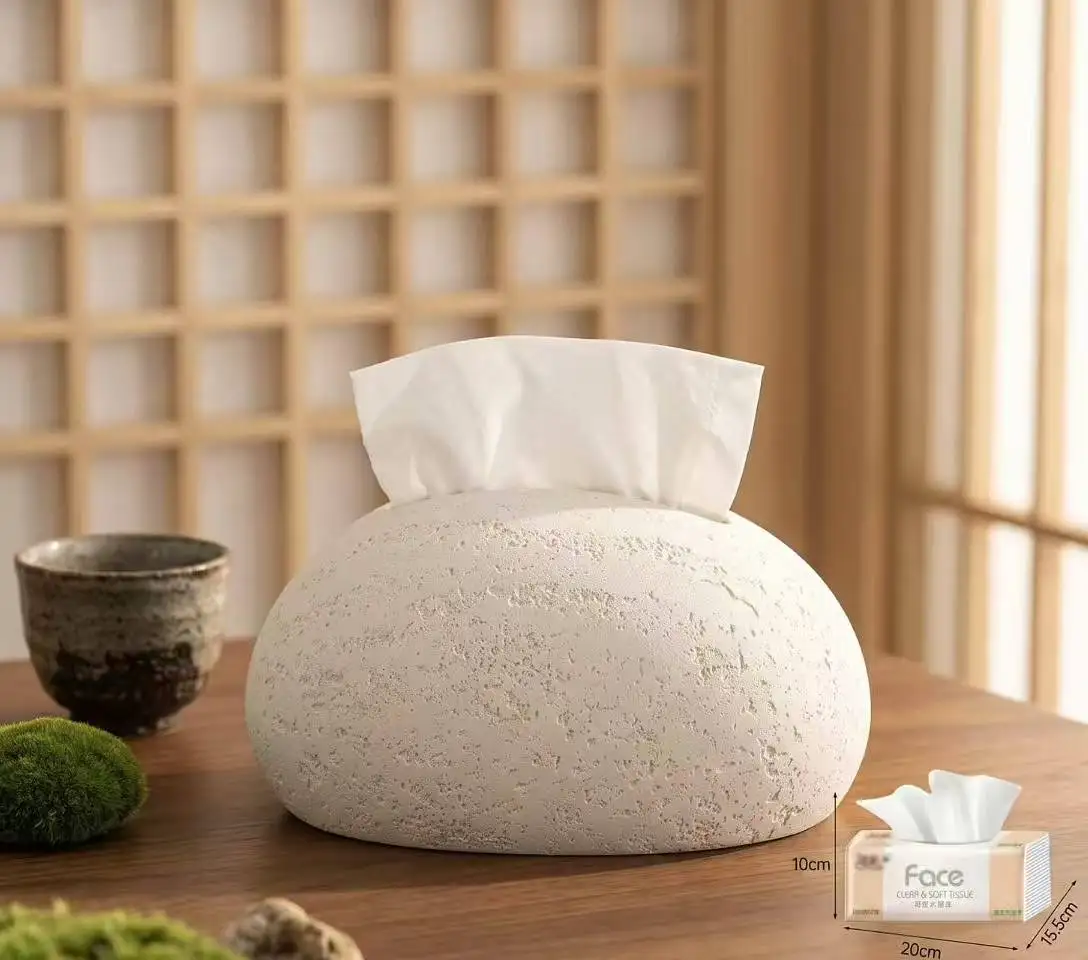 Travertine Style Tissue Box Holder - Creative Oval Stone Texture Napkin Dispenser