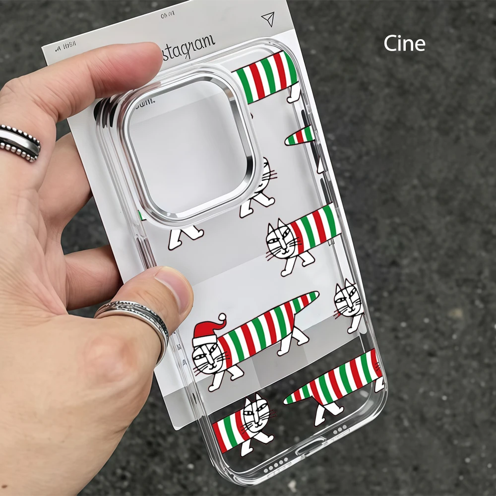 Luxury Large Window Candy Color Border Phone Case For iPhone 18 17 16 15 14 13 Pro Max Transparent  Christmas Striped Cats