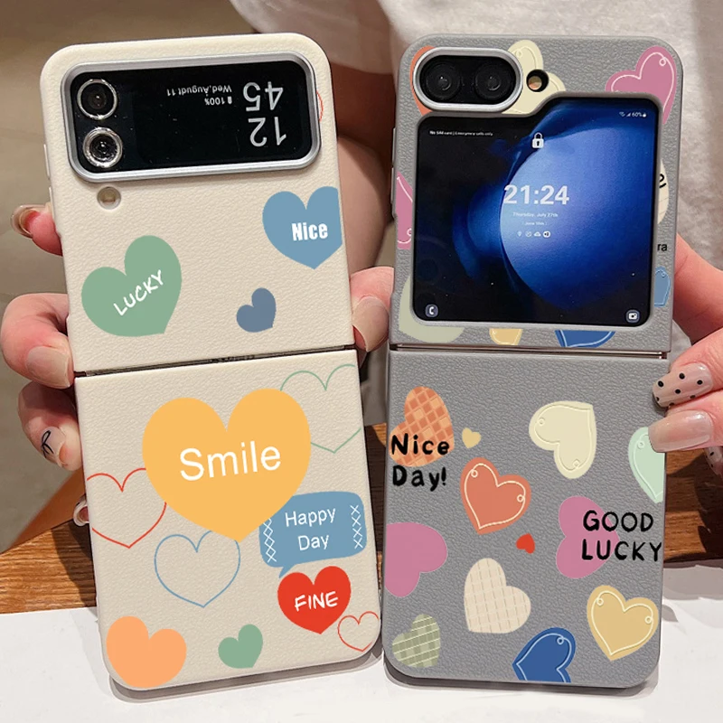 

Для Samsung Galaxy Z Flip 7 FE 6 5 4 3 Чехол для телефона с кожаной текстурой Love Heart Pattern Мягкий складной чехол из ТПУ для Samsung Z Flip5