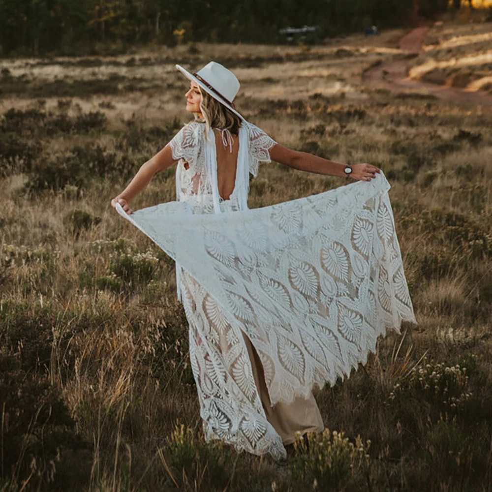 Boho Fringed Eyelash Lace Wedding Dress A Line Cap Sleeve Backless V Neck Maternity Beach High Slit Customized Gown With Tassels