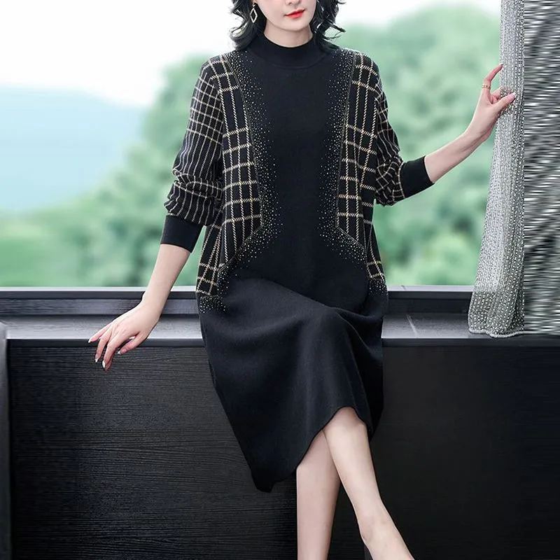 

High Quality Oversize Women Knit Dress For Autumn Winter 2023 New Fashion Half High Collar Loose Patchwork Female Long Sweater