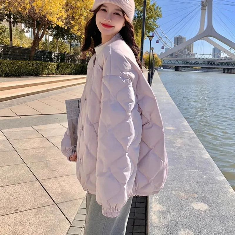 Parkas Women O-neck Single Breasted Light Purple Baggy Tops Warm All-match Leisure Korean Style Coats Sweet Students Winter Ins