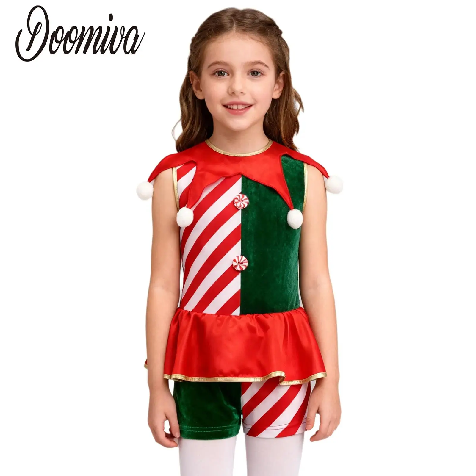 

Boys Girls Christmas Elf Costumes Stripe Clown Performance Clothes Leotards Sleeveless Pompoms Waist Ruffled Overlay Jumpsuit