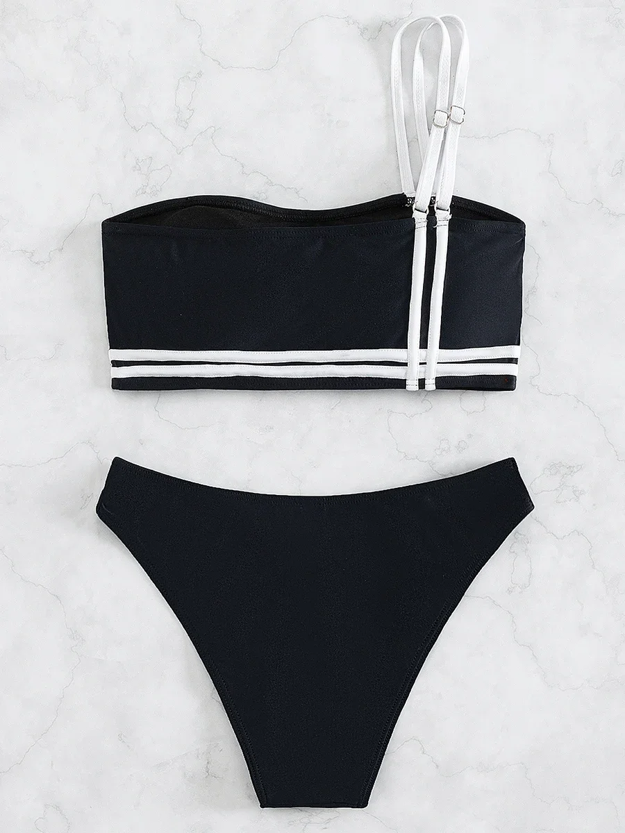 Épissage une épaule Bikini femmes maillots de bain femme Bandeau maillot de bain deux pièces Bikini ensemble coupe haute maillot de bain bain vêtements de plage