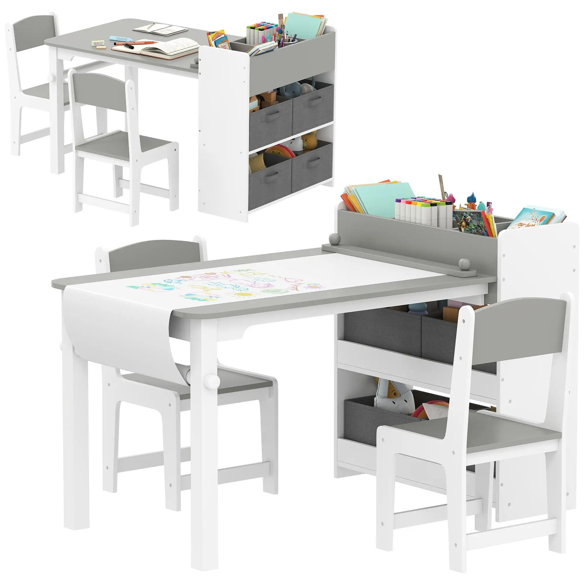 AIYAPLAY Table pour enfants et 2 chaises, 3 pièces, étagères et tiroirs en rouleaux de papier, gris, 3-8 ans