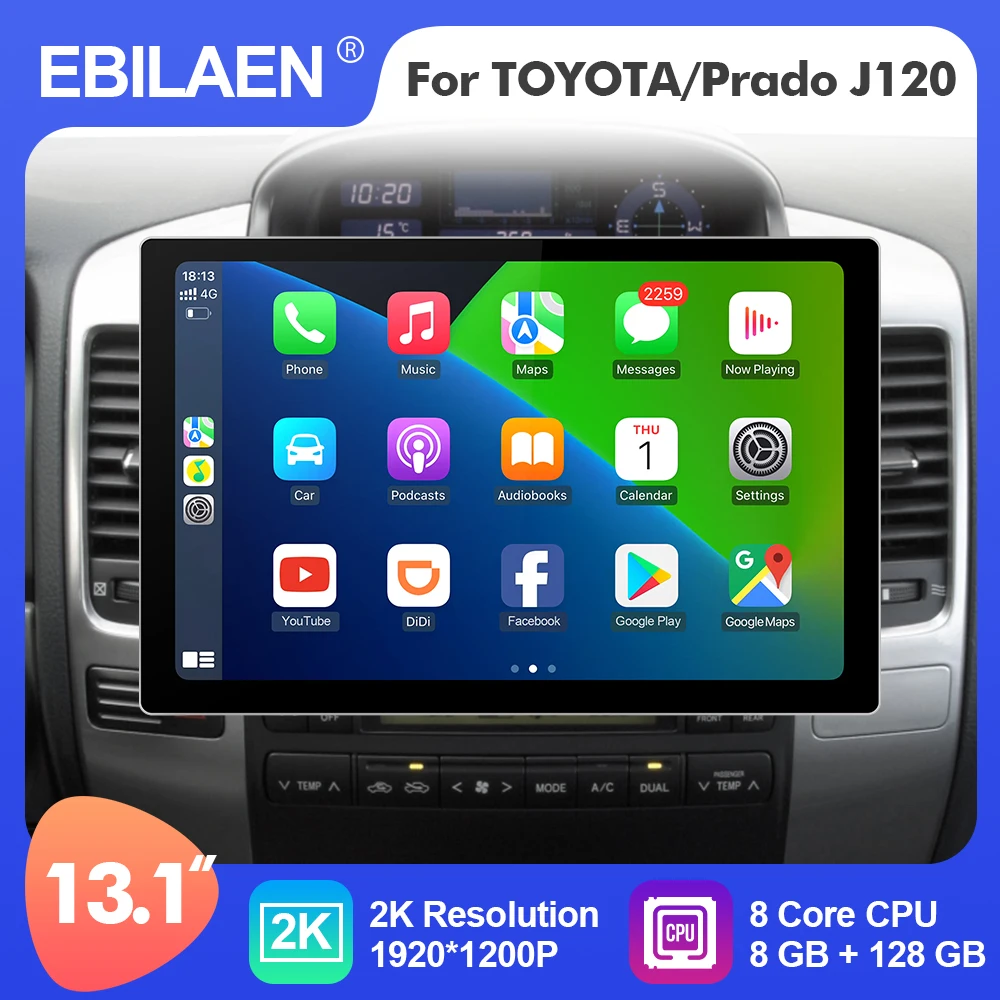 EBILAEN Android 12 13.1 Inch Car Multimedia Radio Player ForToyoTA/Prado J120 2004-200 GPS Stereo 8 Core Carplay 4G WIFI