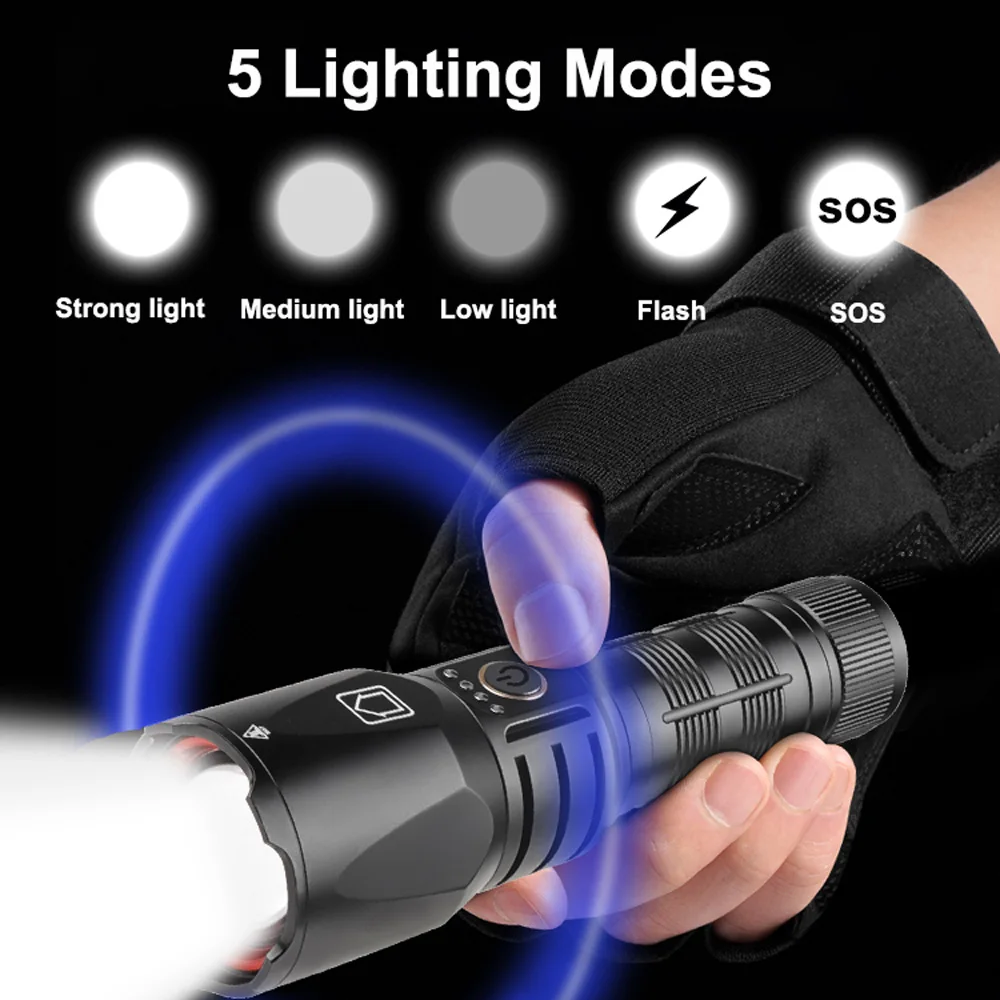 Imagem -02 - Usb Lanterna Led Recarregável Alta Potência Zoom Lanterna Tática Long Shot Tocha Flash Light 9999m 500w 9000000lm