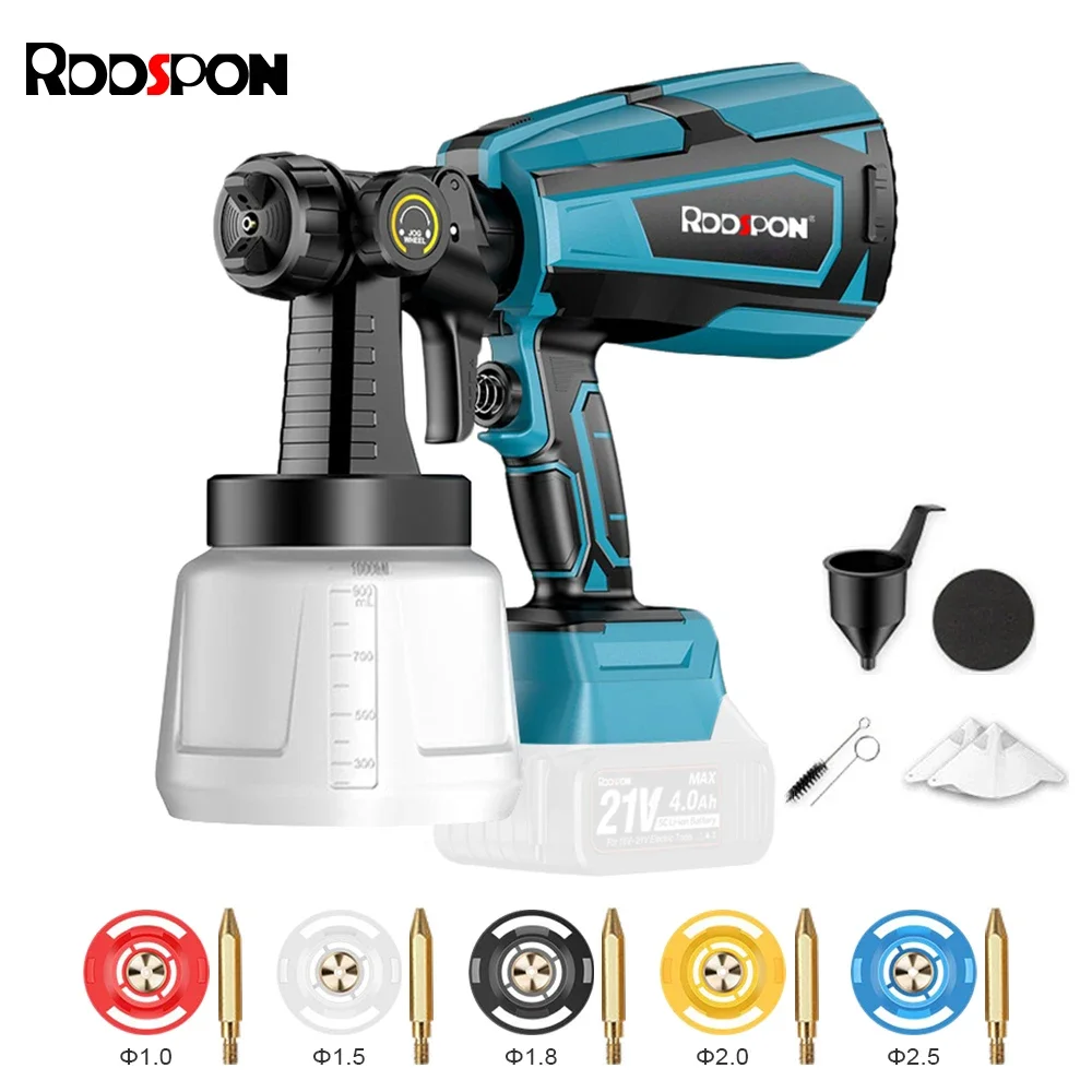 

RDDSPON Auto Electric Cordless Spray Gun Paint Sprayer Professional 1000ml 5 Nozzles Airbrush for 18v Makita Battery