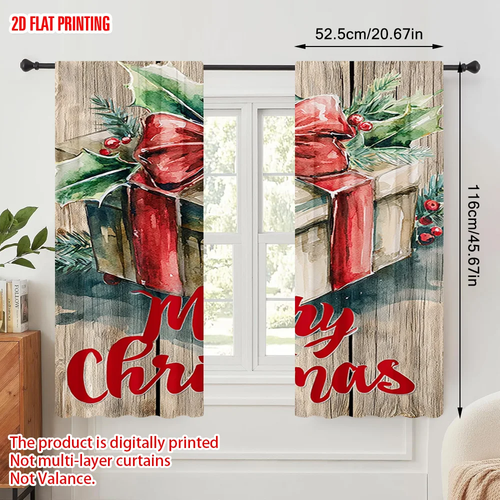 2pcs,2D plane printing Curtain Fabric Holly Berries & Gift Box 100% Polyester (without rod) Art Deco Festive Use for Living