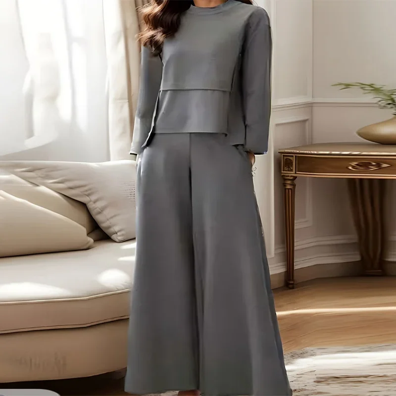 

Female Casual Solid Two-piece Suit Autumn O-neck Long Sleeve Top Pullover & Wide Leg Pants Outfits Winter Loose Women Sets Mujer