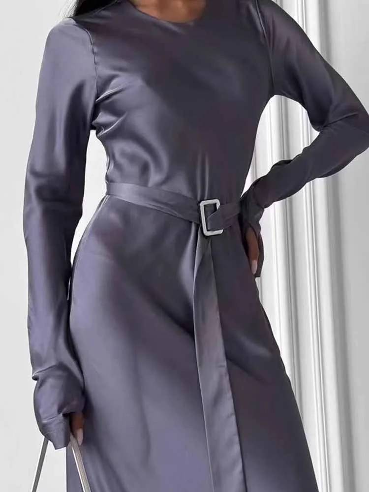 2026 nueva primavera vestido de oficina de manga larga High Street Color sólido con cordones vestido de mujer cuello redondo ajustado banquete A-line vestidos